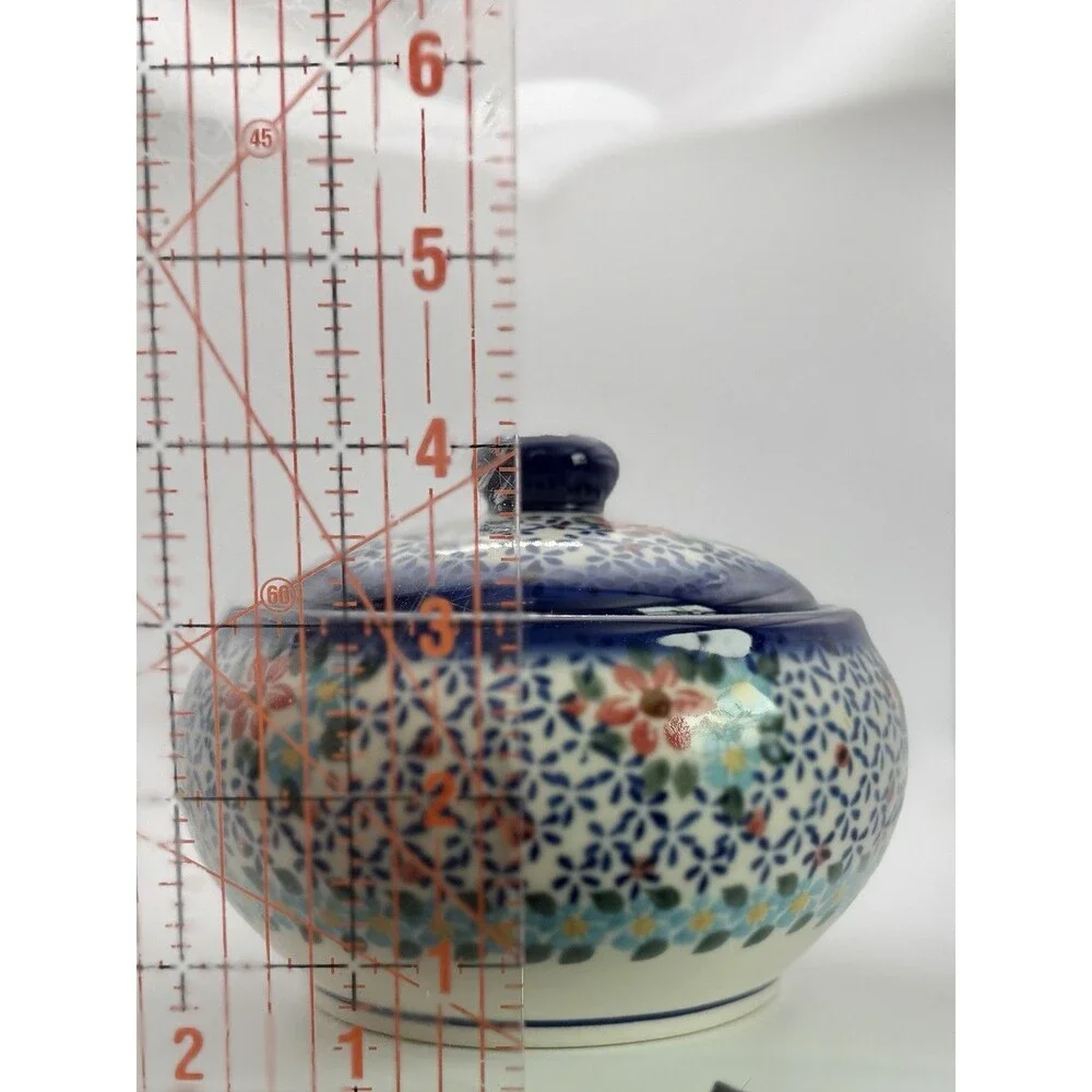 Ceramika Boleslawiec Handmade Blue & White Floral Ceramic Jar with Lid 6” Dia